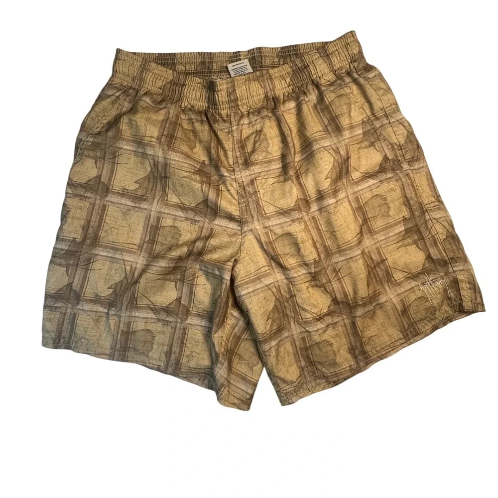 Guy Harvey Men's Medium Swim Trunks Swordfish Tan Print Mesh Lined Board Shorts‎